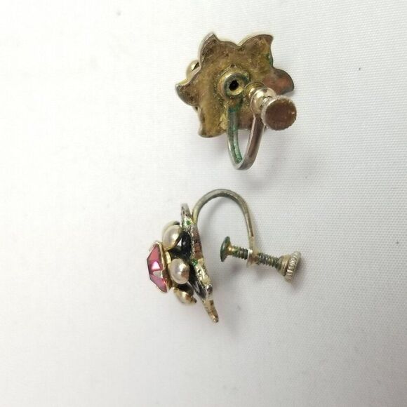 Vintage Pink Rhinestone Flower Clip On Earrings, Silver Tone Prong Set, Estate - Picture 4 of 7